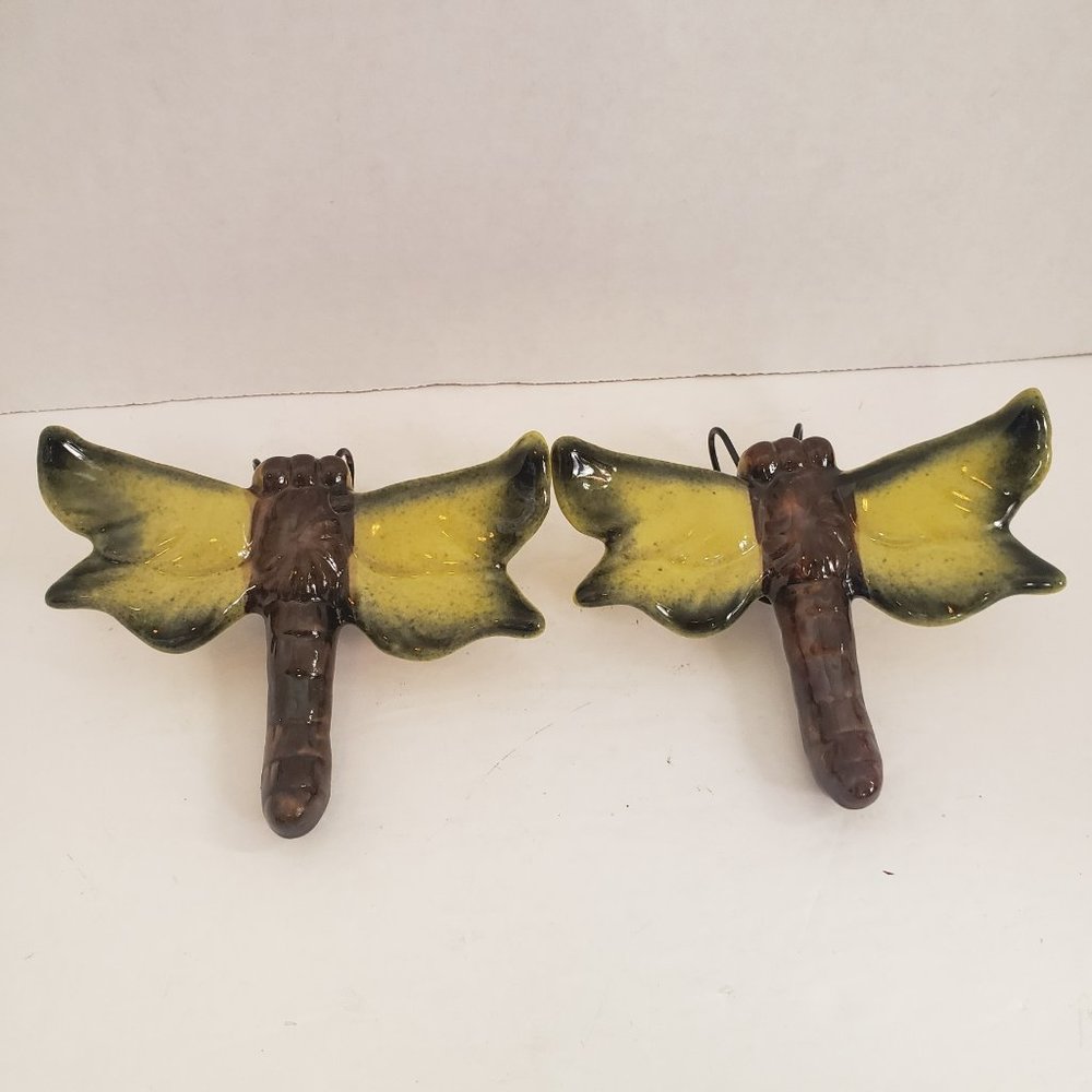 Flowerpot Huggers Ceramic Dragonfly Pair New